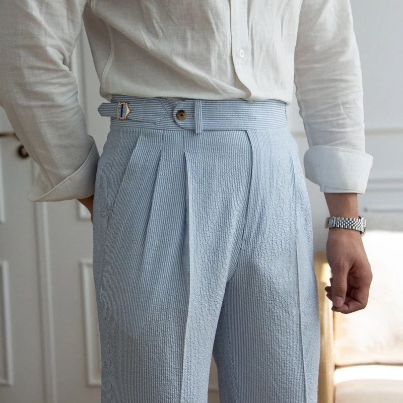 Laciero Seersucker High-Waist Striped Pants – British Summer Style