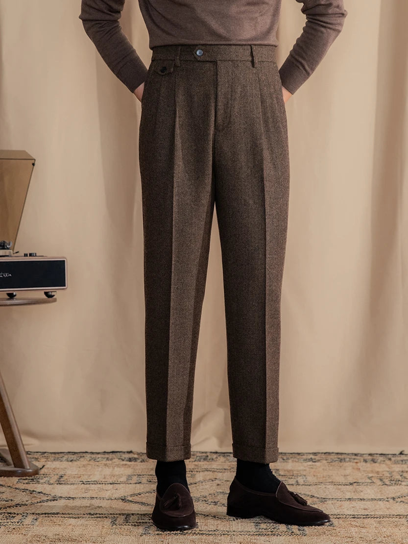 Laciero Retro Wool Herringbone Pants – British Style for Men