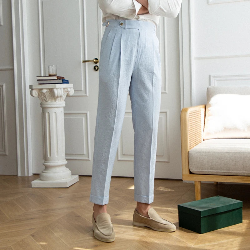 Laciero Seersucker High-Waist Striped Pants – British Summer Style