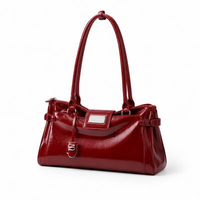 The Rosalie Patent Tote burgundy handbag three-quarter hero view